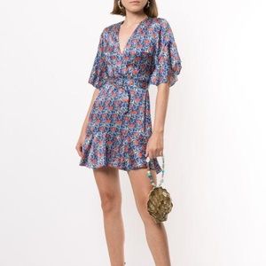 Alexis Varner Floral Mini Belted Ruffle Dress Azure Blue Lilies Sz XS